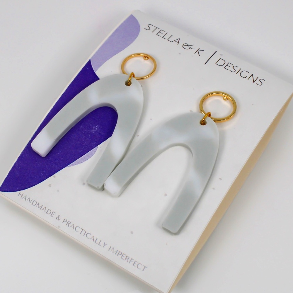 Handmade Earrings - Arch Resin Earrings - Gray and White - NEW